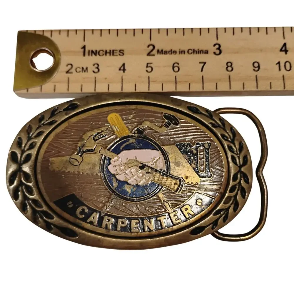 Vintage Carpenter Emblem Hammer Saw Skrew Driver Hand Solid Brass Belt Buckle